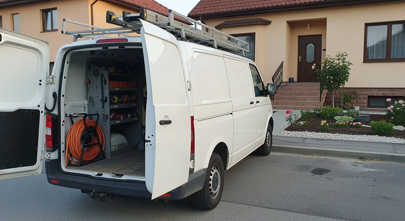 Technik DomServis+ pri dodávke v podvečer, náradie pripravené, upravená predzáhradka