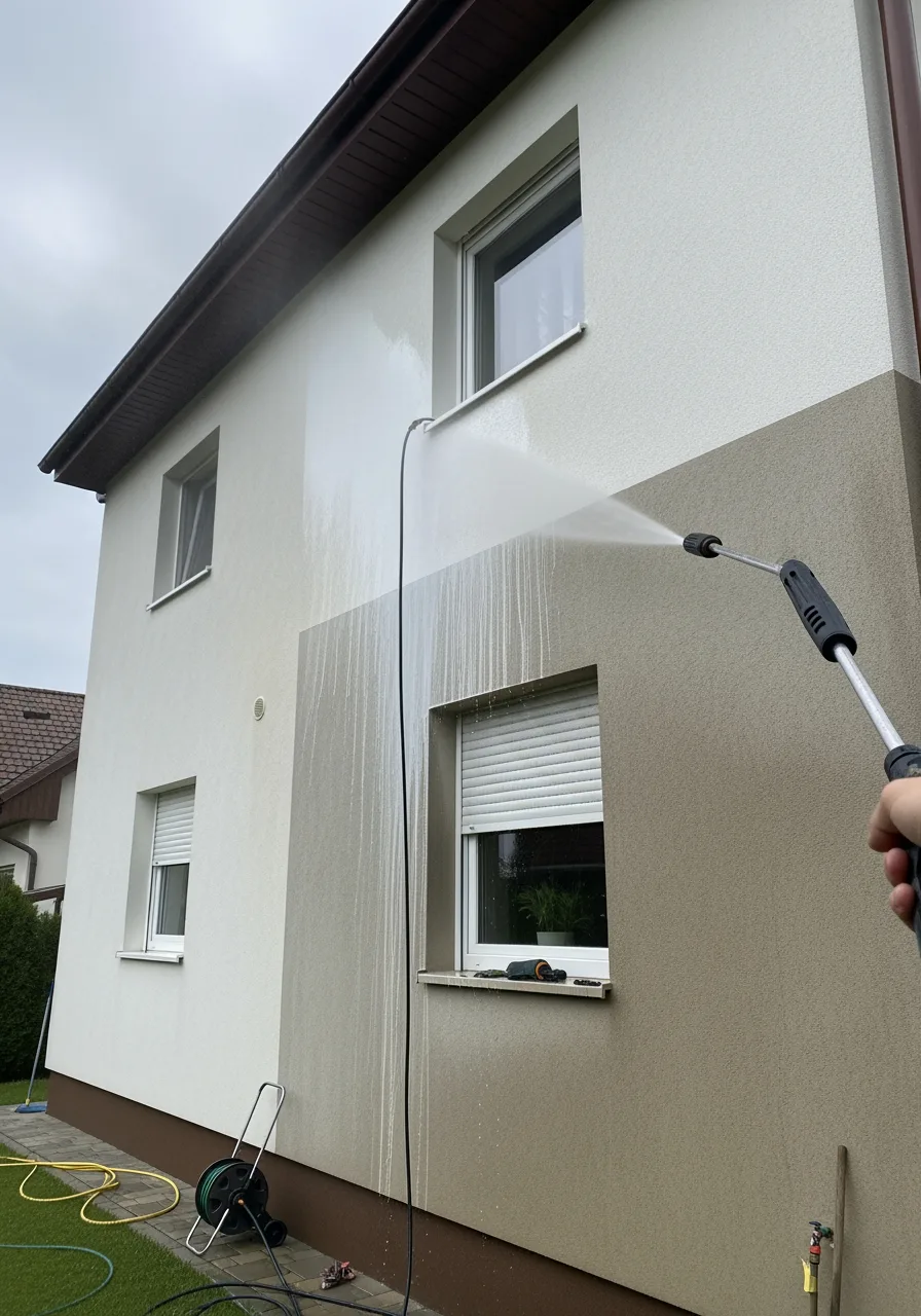 Fasáda rodinného domu po umytí, mokrý povrch, kontrast so starým nánosom