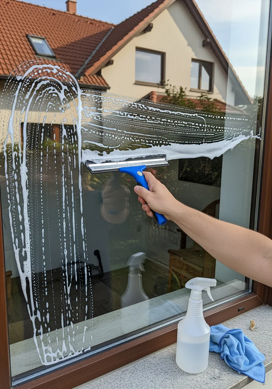 Detail stierky na veľkom okne, kvapky vody, odraz záhrady v skle